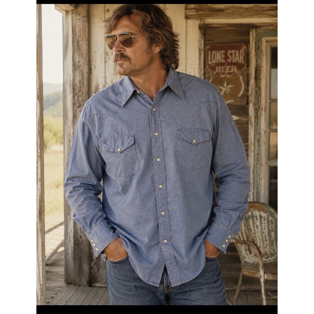 Vtg 70s Big Mac Mens XL Chambray Western Rodeo Snap Button Shirt Blue USA casual